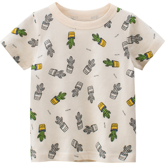 Trendy Casual Effen Kleur Korte Mouw T-shirt met Bedrukte All-over Cactusprint en Korte Mouwen voor Kinderen