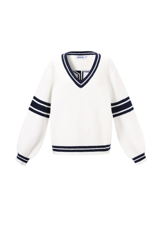 Gebreide Polyestervezel Vrouwen V-hals Trui Sportief Contrasterende Strepen