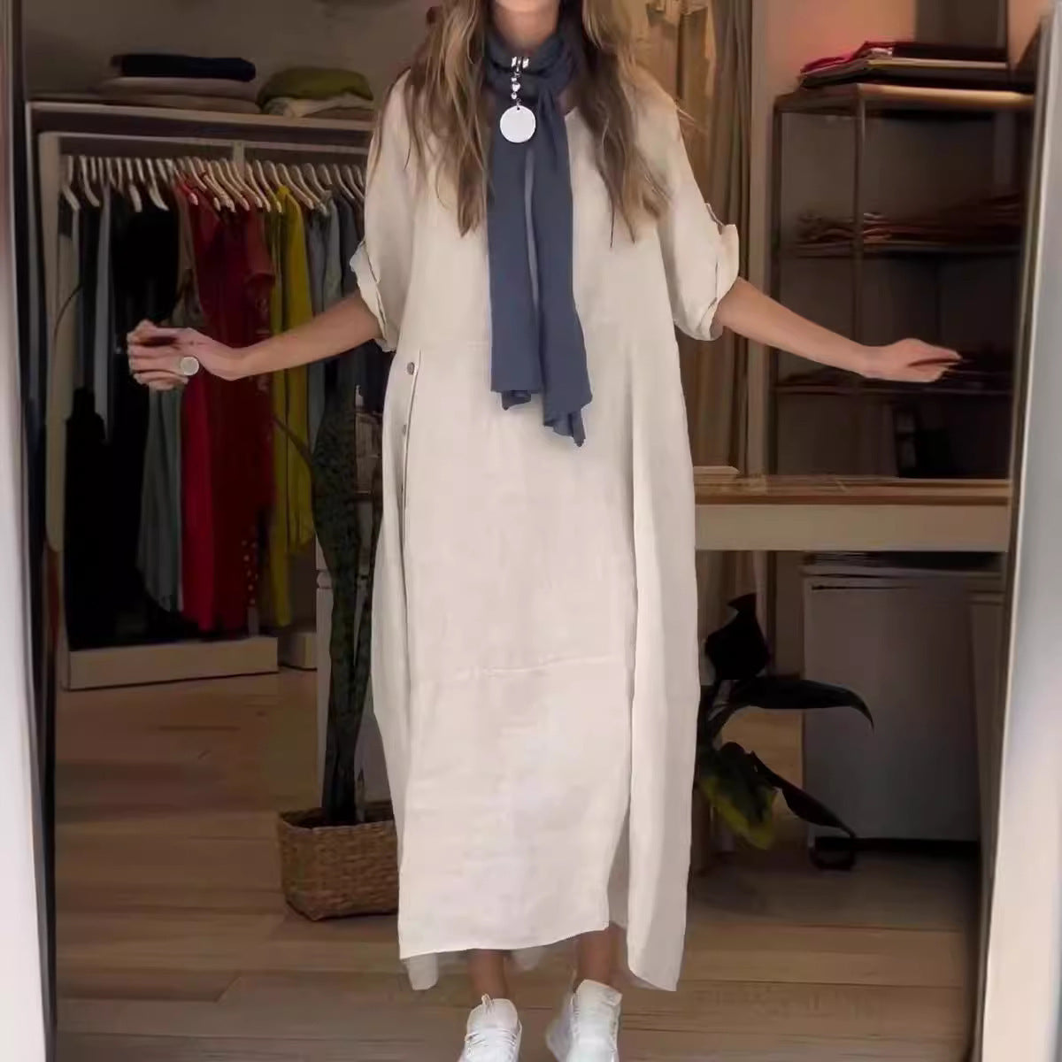 Casual Oversized Katoenen Linnen Korte Mouw Maxi-jurk in Effen met Knoopsluiting en Ronde Hals voor Dames & Plus-size