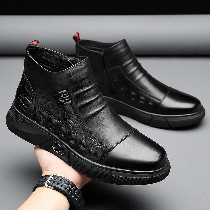 Trendy Casual Effen Kleur Britse Stijl Chelsea Boots van Echt Leer met Fleecevoering en Ronde Neus voor Heren