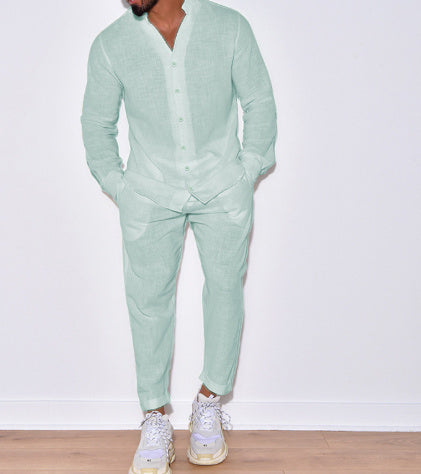 Casual 2-delige Set Linnen Effen Loungepak met Lange Mouwen voor Heren