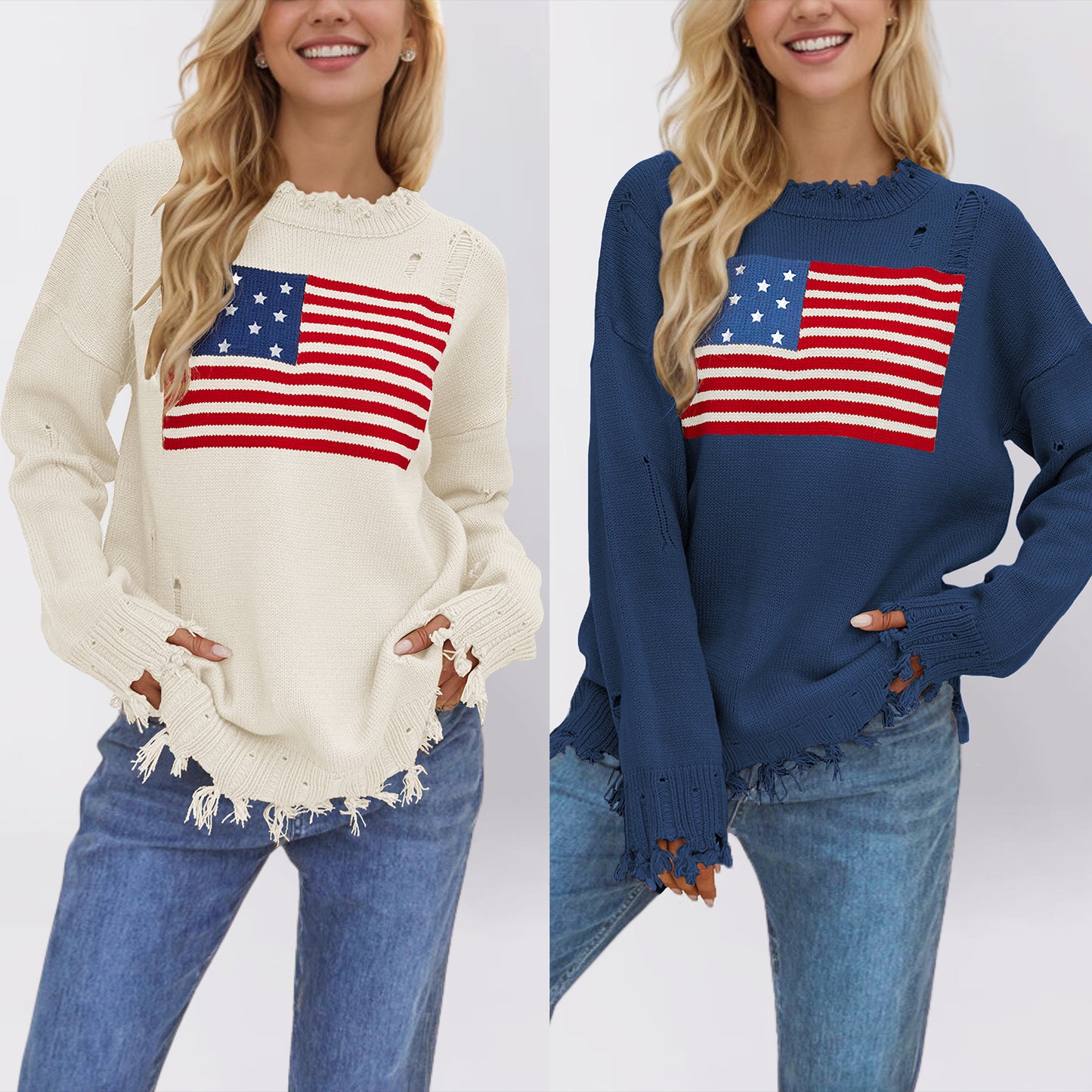 Europese en Amerikaanse Stijl Trendy Gebreide Trui met Ronde Hals en Vlagpatroon voor Dames & Meiden