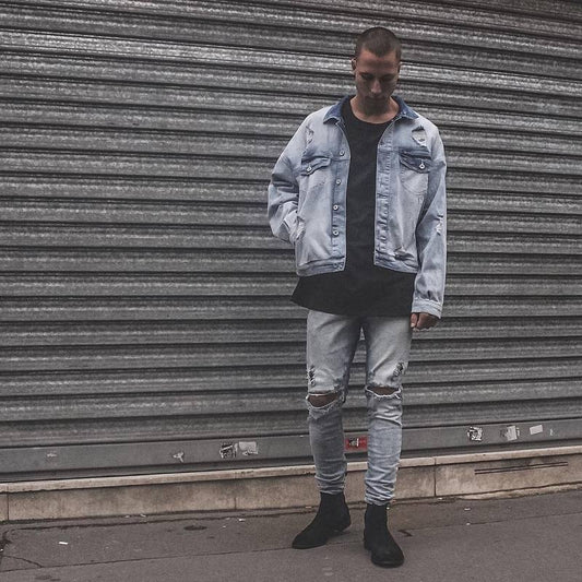 Trendy Casual Oversized Distressed Riped Spijkerjacket met Knoopsluiting en Zakken voor Heren