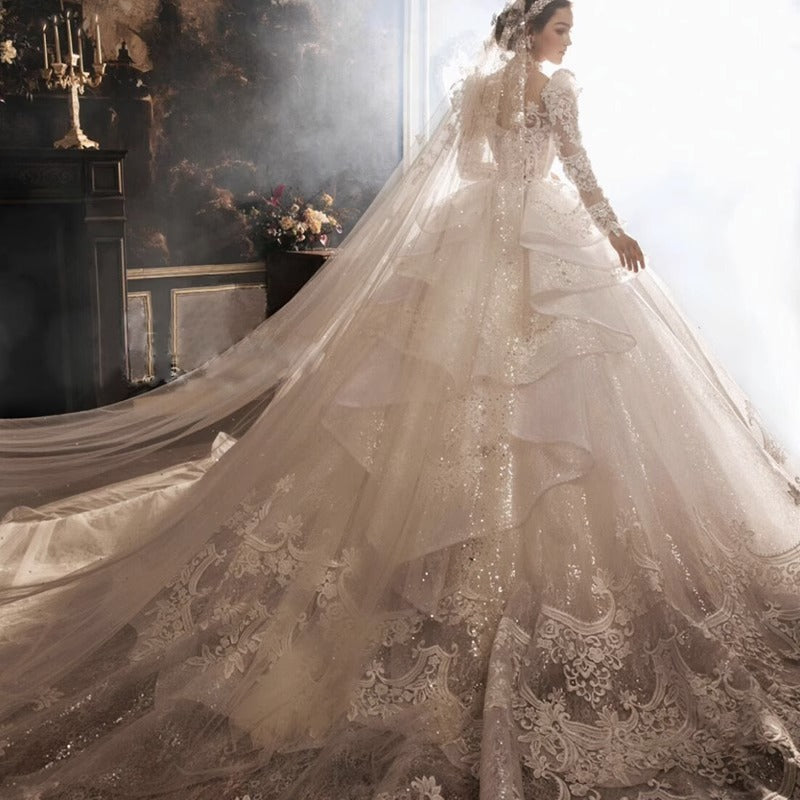 Europese Prinsessen Stijl Elegante Heavy Industry Royal Hoge Hals Pailletten Trouwjurk met Lange Sleep en Prinsessen Mouwen voor Dames  & Plus-size