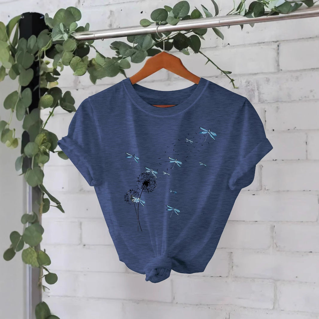 Stijlvolle Basic Streetwear Effen Kleur Casual Ronde Hals T-shirt met Paardenbloemmotief en Korte Mouwen voor Dames & Plus-Size