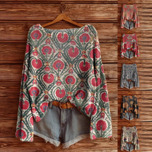 Dames geborstelde top met lange mouwen en losse print in retrostijl