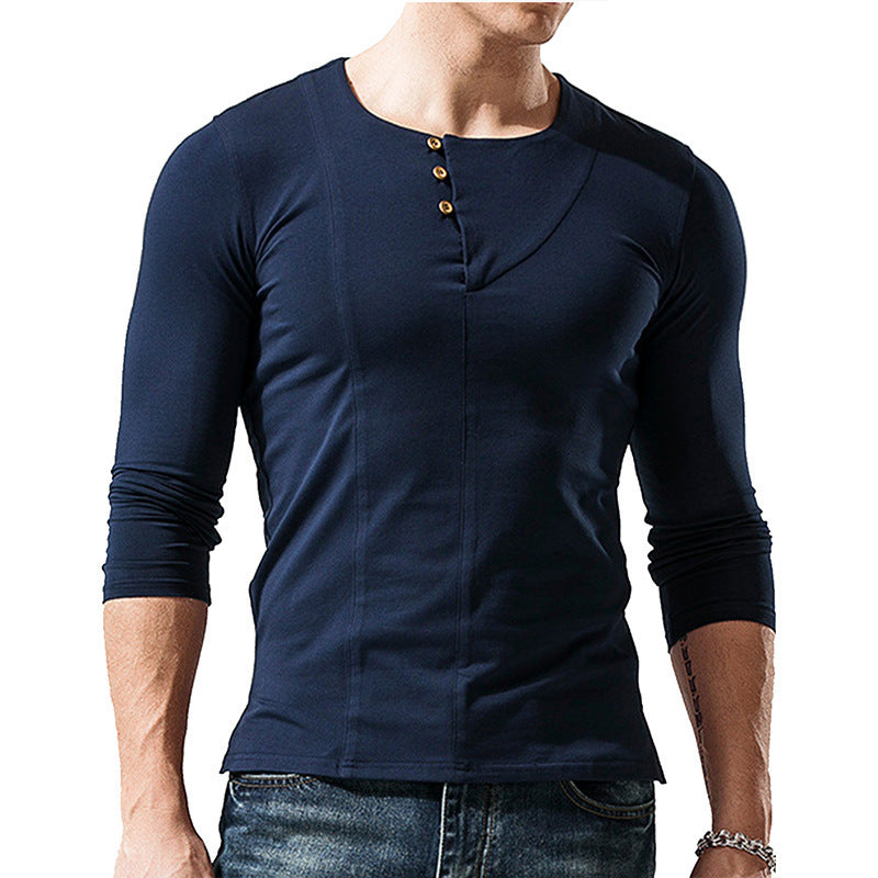 Amerikaanse Casual Effen Kleur Ronde Hals Henley T-shirt met Lange Mouwen en Korte Knoopsluiting voor Heren