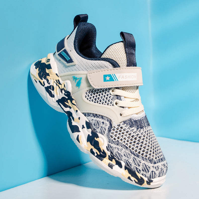 Trendy Casual Holle Vliegende Gebreide Mesh Sneakers met Camouflagepatroon en Klittenband voor Teenager