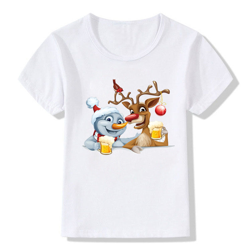 Amerikaanse Kerstmis Casual Bedrukte Schattige Cartoon Kerst T-shirt met Ronde Hals en Korte Mouwen voor Kinderen