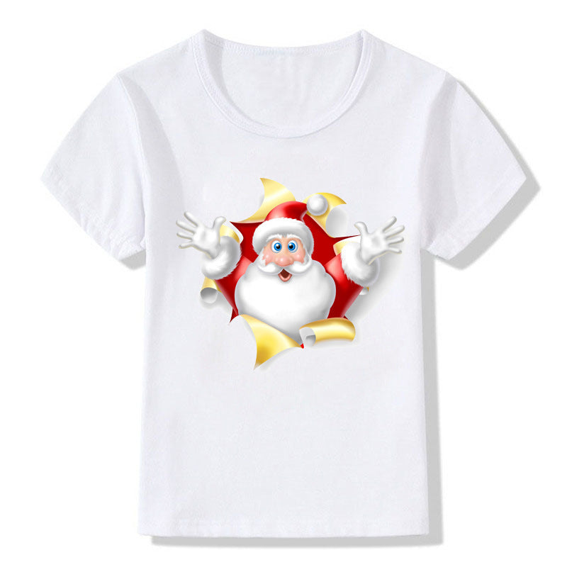 Amerikaanse Kerstmis Casual Bedrukte Schattige Cartoon Kerst T-shirt met Ronde Hals en Korte Mouwen voor Kinderen
