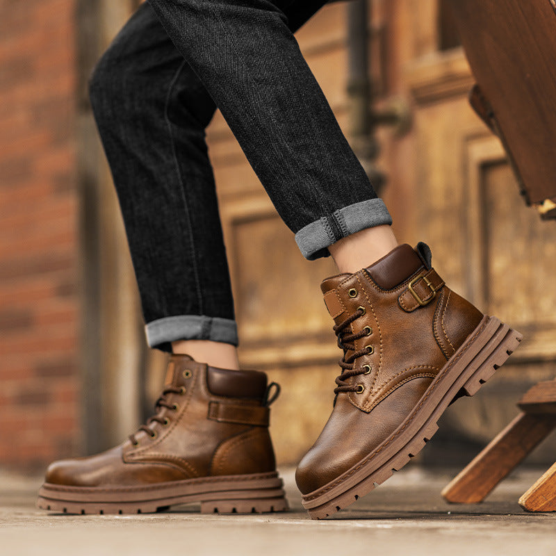 Retro Casual Business Effen Kleur Hoge Workboots van Echt Leer met Ronde Neus en Vetersluiting voor Heren