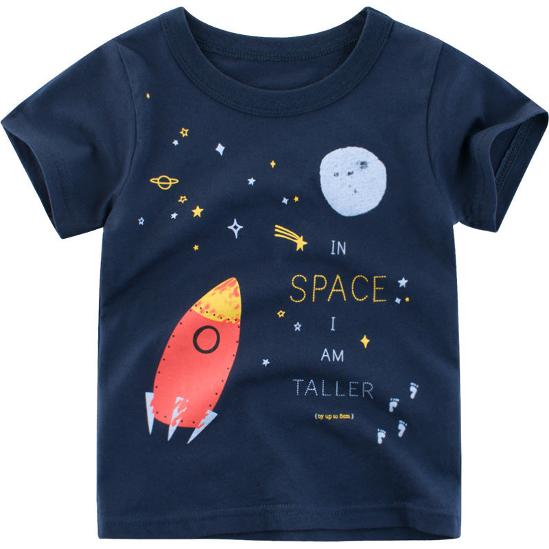 Trendy Casual  Ronde Hals T-shirt met Bedrukte Raketprint en Korte Mouwen voor Kinderen