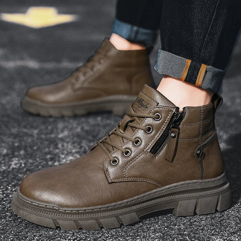 Casual Retro Waterdichte Chelsea Boots van PU-Leer met Ronde Neus en Vetersluiting voor Heren