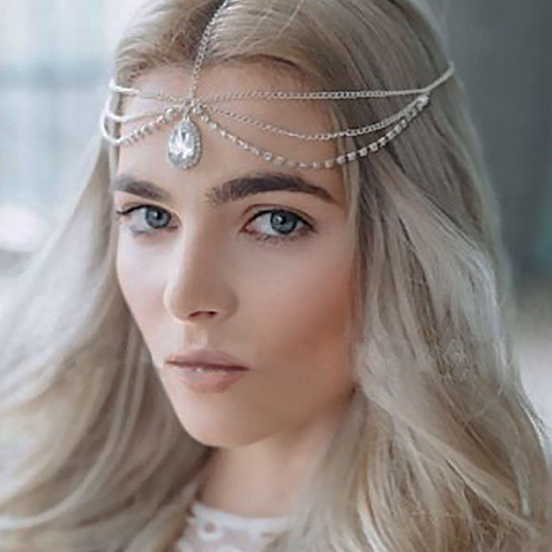 Retro Modieuze Meerlaagse Strass-steentjes Haarketting met Kwastjes en Geometrische Waterdruppelvormige edelsteen voor dames