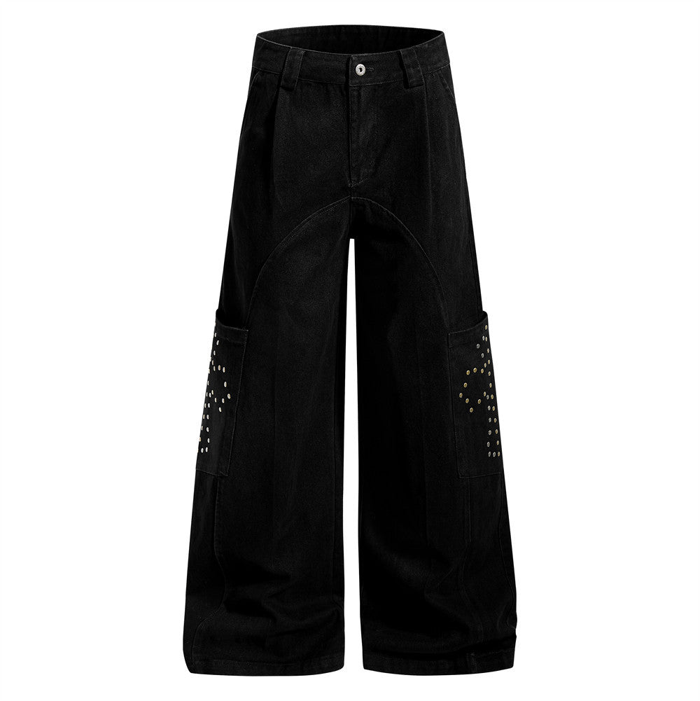 Trendy Streetstyle Effen Kleur Casual Losse Demin Jeans met Kruisvormige Studs en Wijde Pijpen voor Heren & Jongens