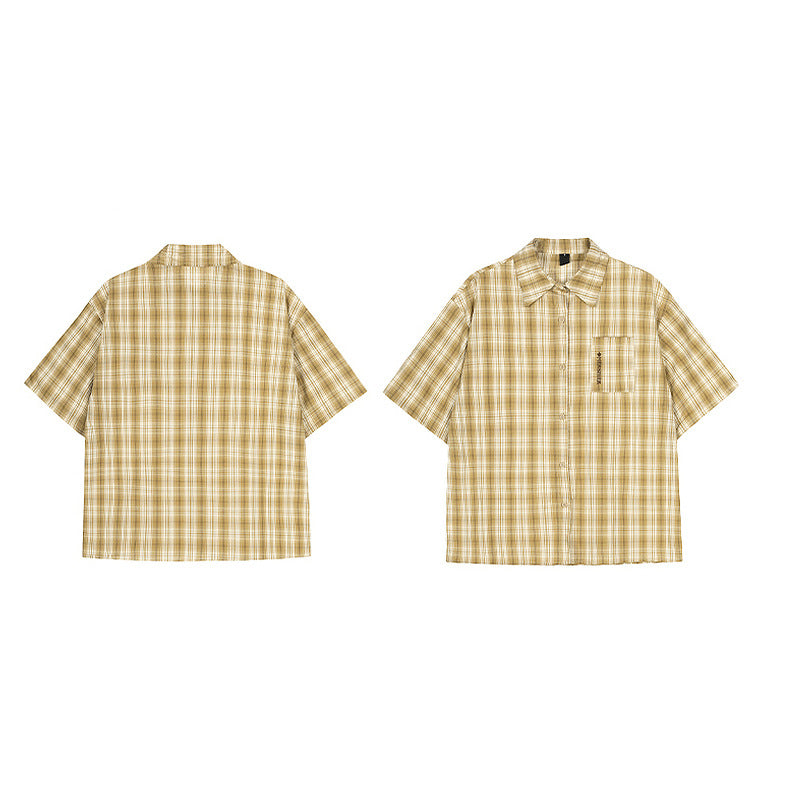 Trendy Modieuze Effen Kleur Oversized Casual Vintage Geruitepatroon Overhemd met Korte Mouwen en Knoopsluiting voor Heren
