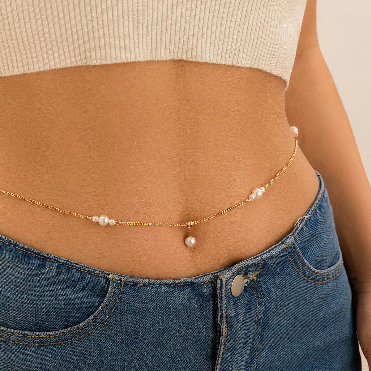 Modieuze Elegante Metalen Zirkoon Tailleketting met Navelpiercing en Imitatie Parel Kwastje voor Dames