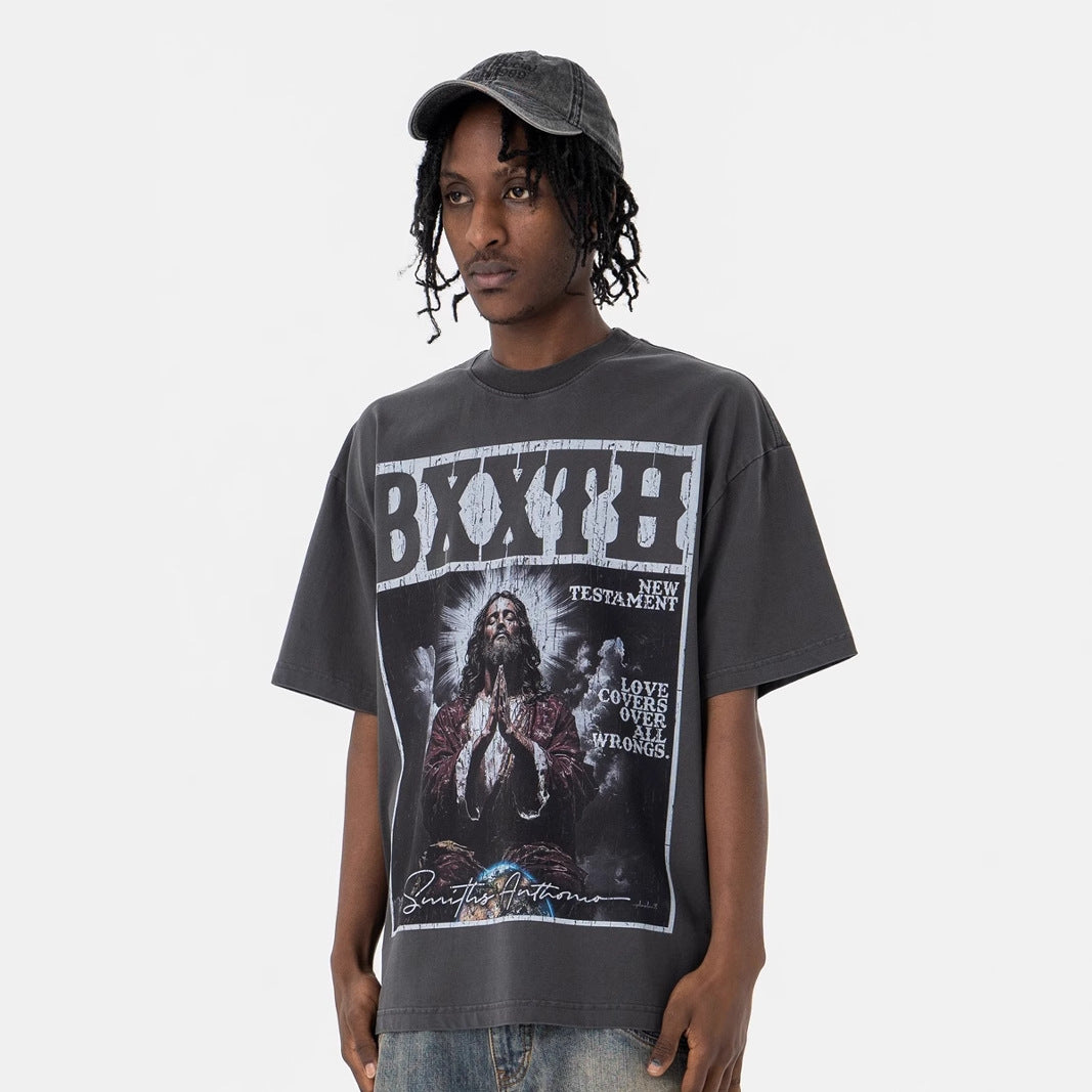 LANHAI Trendy Effen Kleur Oversized Casual Vintage Washed Ronde Hals T-shirt met Grafisch Bedrukte Gebedsprint en Korte Mouwen voor Heren