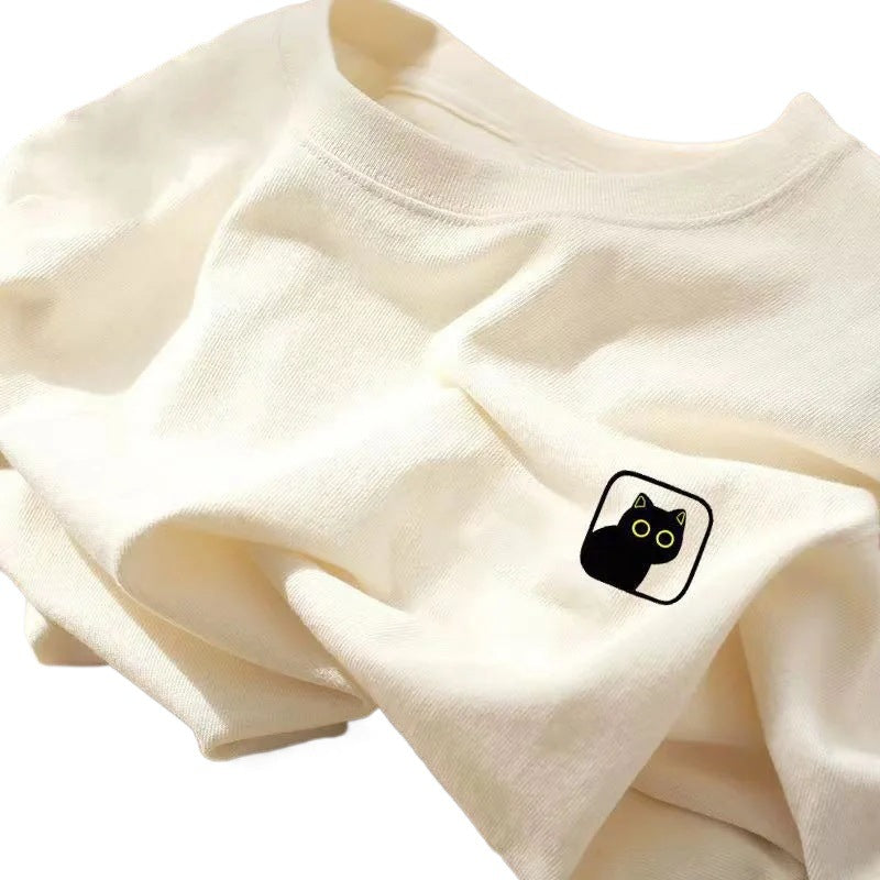 PURE NDY Street Hiphopstijl Eenvoudige Effen Kleur Oversized Casual Ronde Hals T-shirt met Black Cat-print en Korte Mouwen voor Heren & Jongens