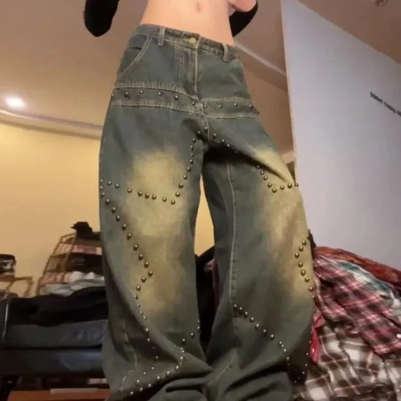 American Retro Washed Rivet Jeans voor Dames/ Plus-size & Meisjes