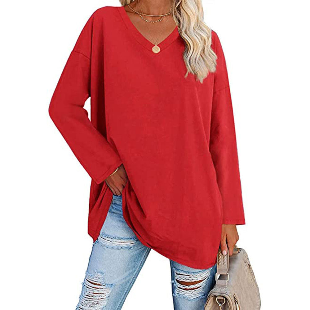 Casual V-hals Effen kleur Oversized Lange Mouw Shirt voor Dames & Plus-size