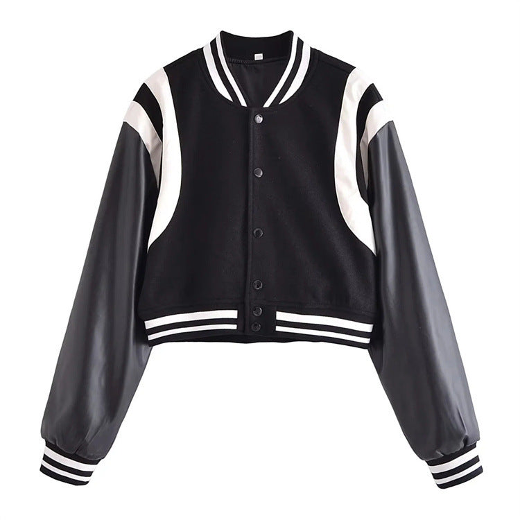 Amerikaanse Honkbaluniform Retro Varsity jacket van PU-Leer met Gestikte Wol en Knoopsluiting voor Dames & Meiden