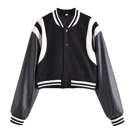 Amerikaanse Honkbaluniform Retro Varsity jacket van PU-Leer met Gestikte Wol en Knoopsluiting voor Dames & Meiden