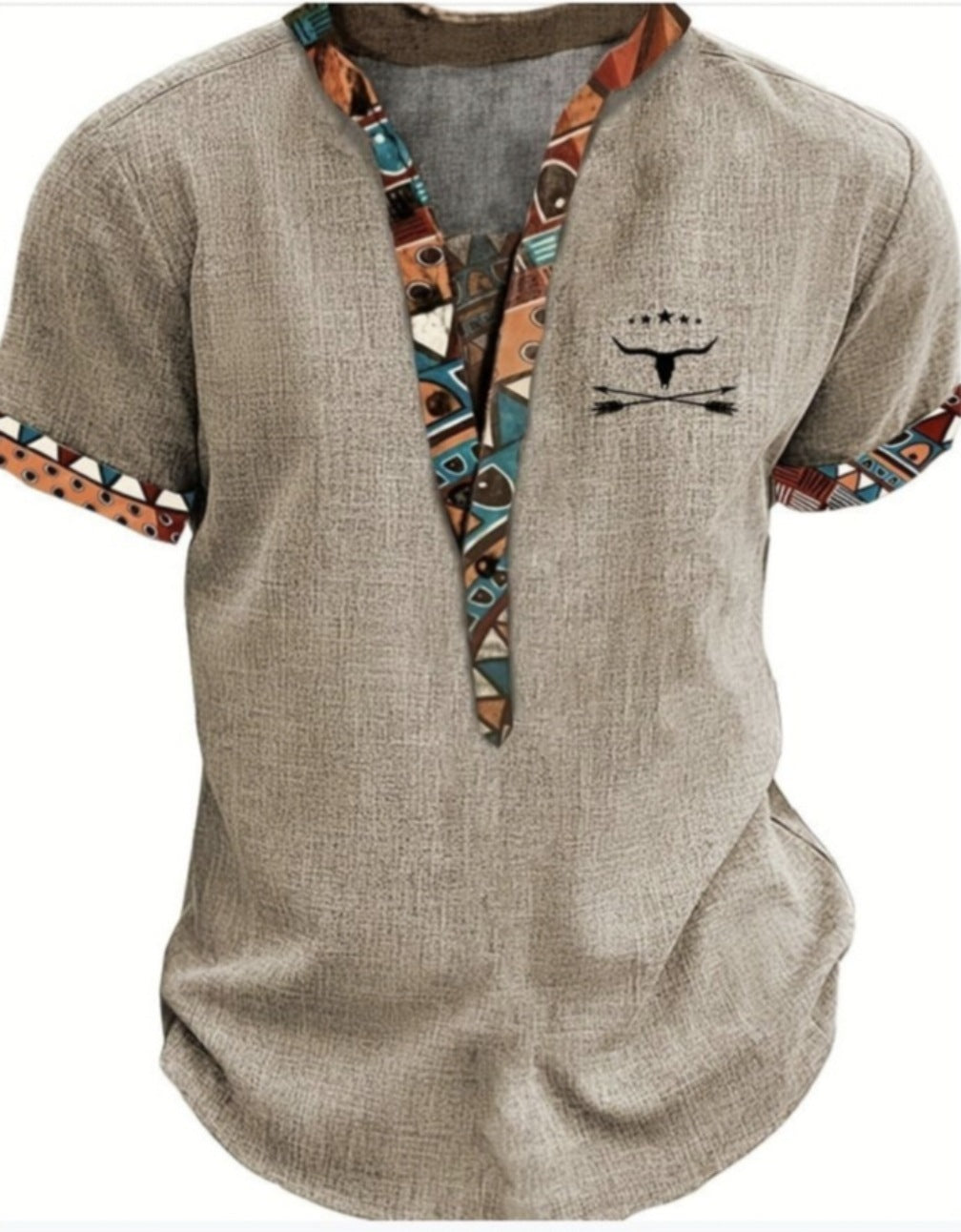 Amerikaanse Casual Effen Kleur 3D-bedrukte Vintage-print V-hals T-shirt met Korte Mouwen en Knoopsluiting voor Heren