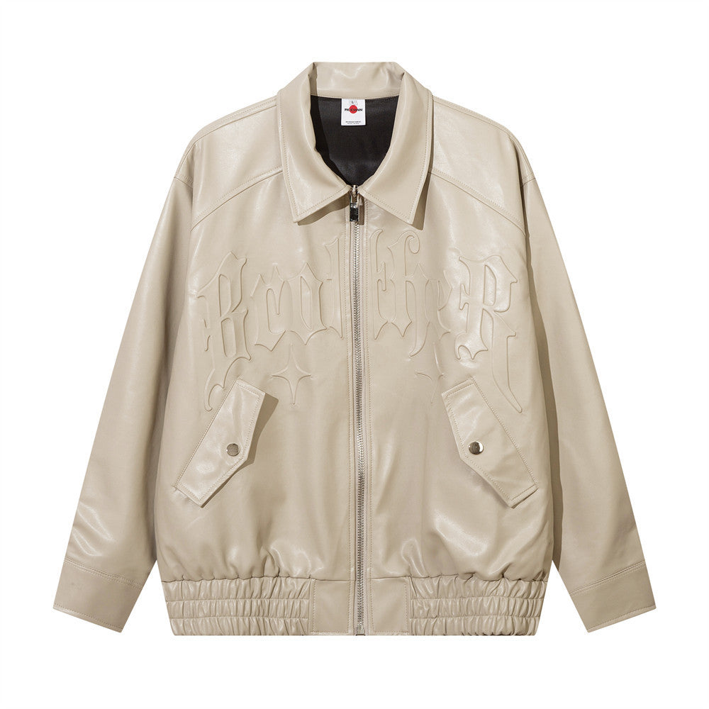 Trendy Losse Jacket van PU-Leer in Effen Kleur met Geborduurde Letters voor Heren