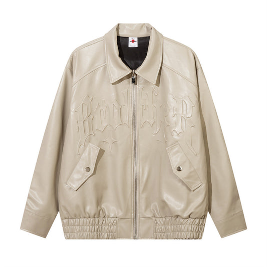 Trendy Losse Jacket van PU-Leer in Effen Kleur met Geborduurde Letters voor Heren