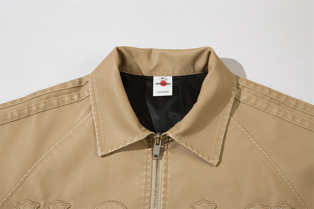 Trendy Losse Jacket van PU-Leer en Geborduurde Letters voor Heren