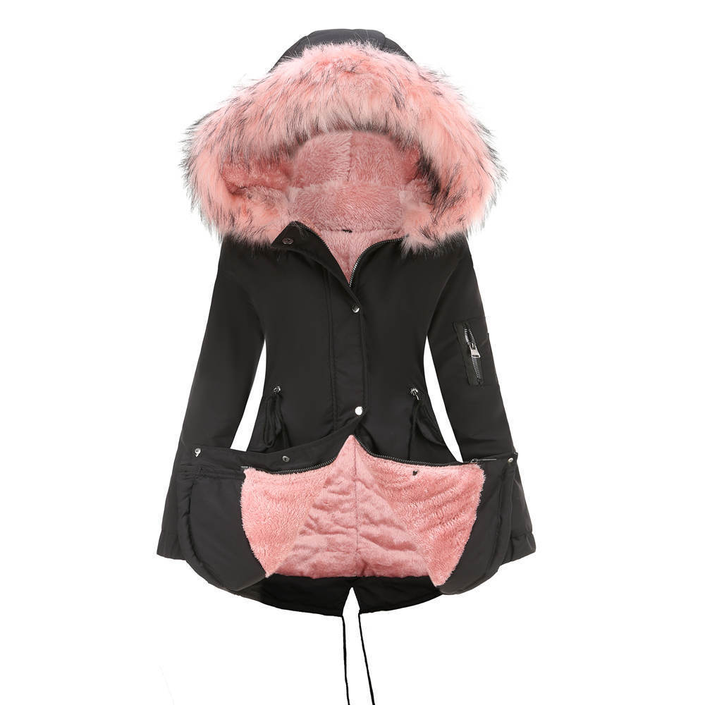 Casual Parka Katoenen Gewatteerde Middellange Winterjas met Bontkraag Capuchon en Ritssluiting voor Dames & Plus-size