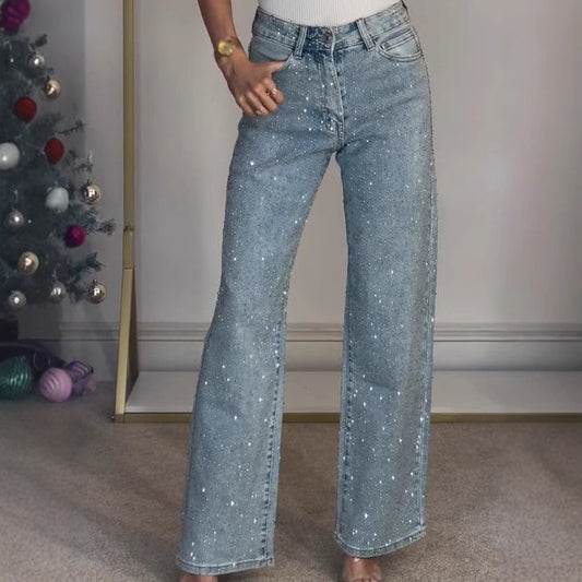 Trendy High-End Streetwear High Waist Jeans met Rechte Pijpen en Strass-steentjes voor Dames & Plus-size