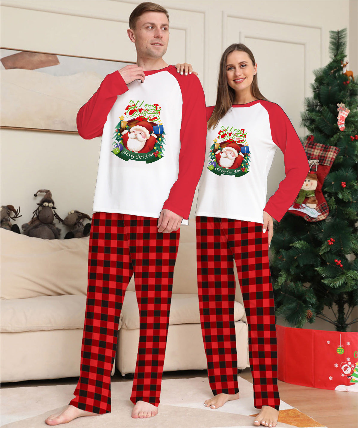 Kerstmis Familie Trendy Casual Matching Geruite Kerstpyjama met Kerstmisprint Gezin & Koppels