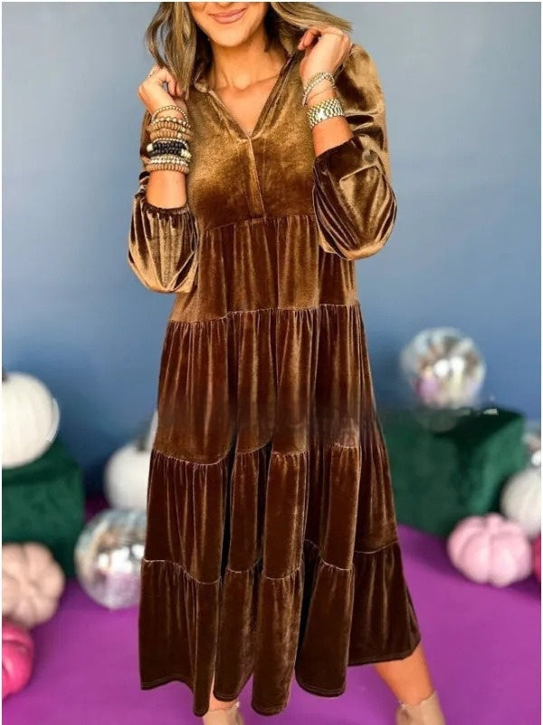 Kerstmis Amerikaanse Elegante Oversized Kerst/Avond Fluwelen Middellange-jurk met V-hals en Lange Mouwen voor Dames & Plus-size