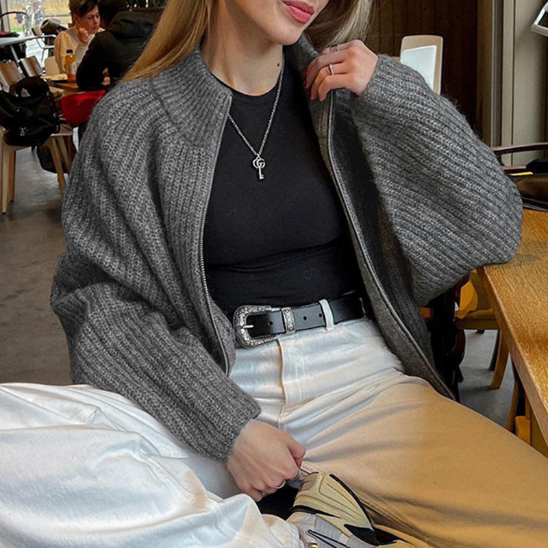 Amerikaanse Eenvoudige Stijl Casual Losse Cardigan-trui met Rits voor Dames & Meiden