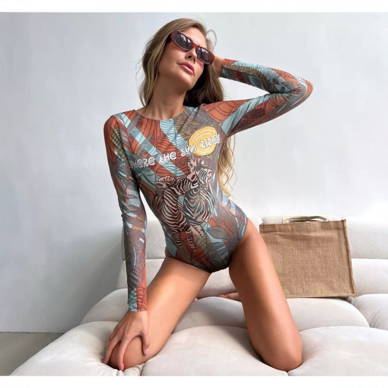 Europese Elegante ééndelig Effen Kleur Strand Bodysuit/ Badpak met All-Over Bedrukking en Lange Mouwen