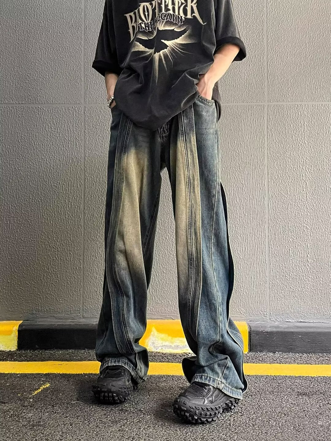 Amerikaanse Retro Washed Patchwork Losse Jeans voor Heren/ Jongens