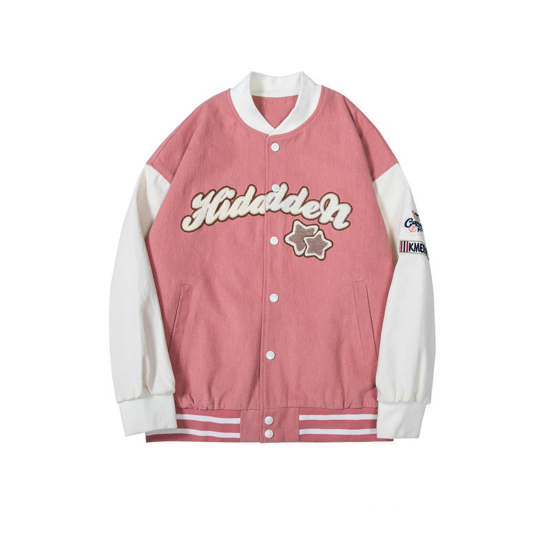 Amerikaanse Retro Losse Baseball Jacket met Geborduurde Patchwork voor Dames & Plus-size