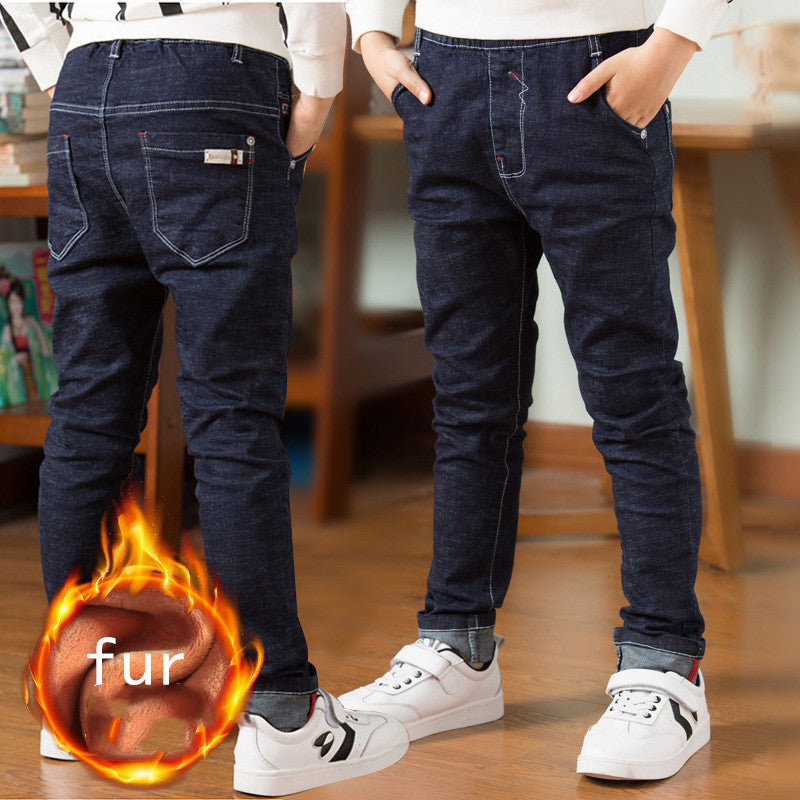 Stijlvolle Casual Effen Kleur Stretch Demin Jeans met/zonder Dikke Fleece voor Kinderen
