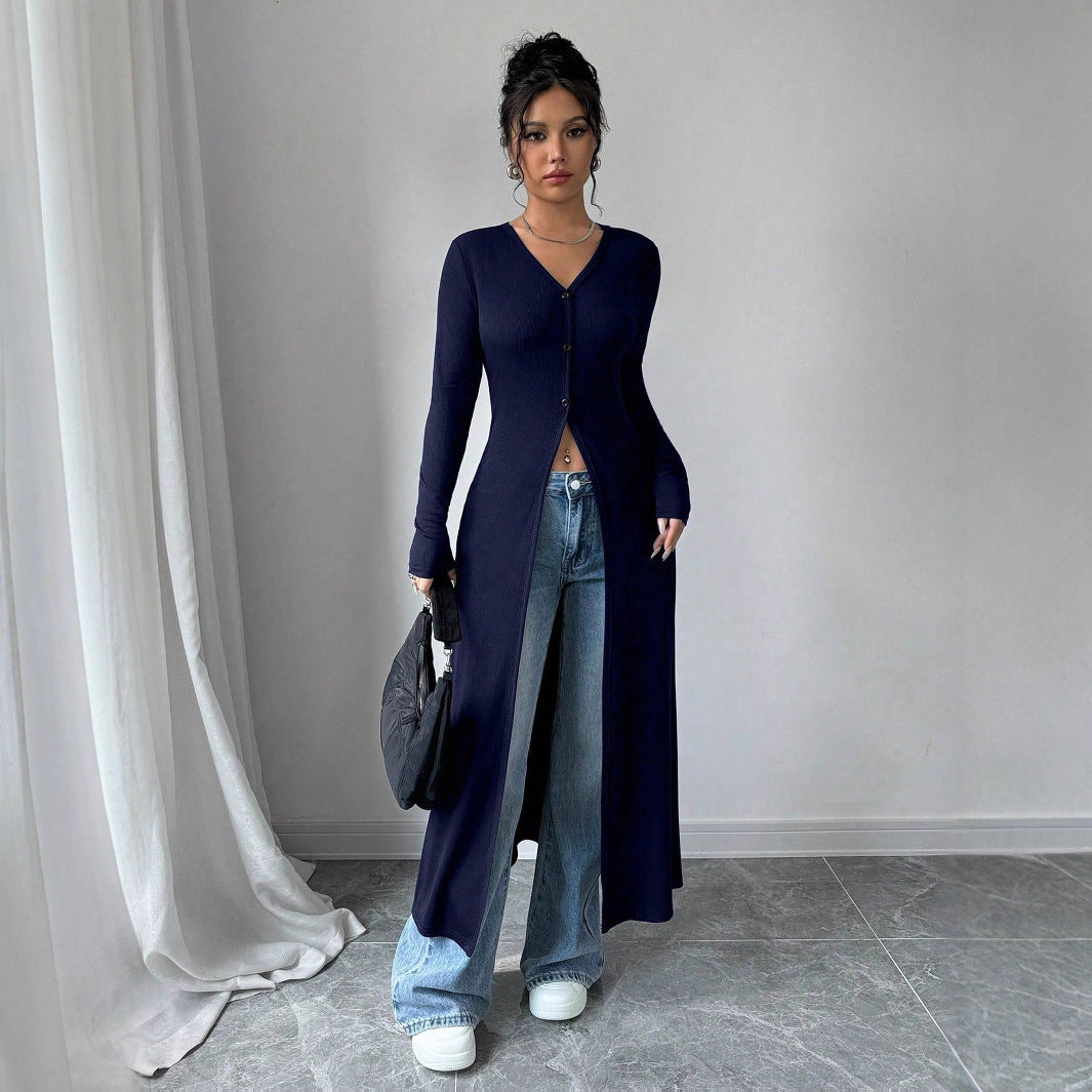 Amerikaanse Effen Kleur Afslankende Lange Knoop-Cardigan met V-hals en Lange Mouwen voor Dames & Plus-size