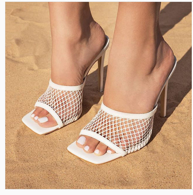 Europese en Amerikaanse Unieke Stijlvolle Open Teen Muiltjes met Stilettohak van Mesh & PU-Leer voor  Dames