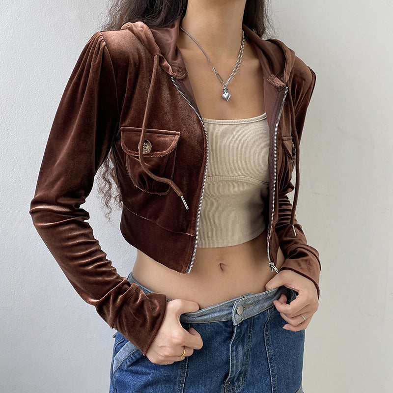 CorduroyEuropese en Amerikaanse Casual Cropped Hoodie Sweatvest met Rits en Trekkoord voor Dames