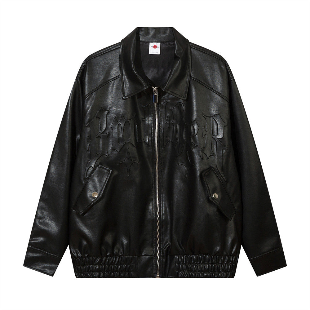 Trendy Losse Jacket van PU-Leer in Effen Kleur met Geborduurde Letters voor Heren