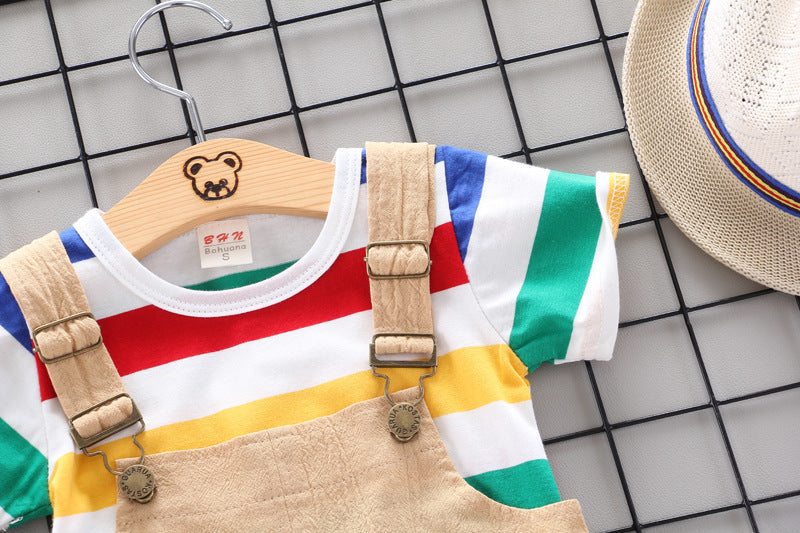 Trendy 2-delige Set Regenboog T-shirt met Korte Mouwen & Bibbroek voor Baby's/ Peuters