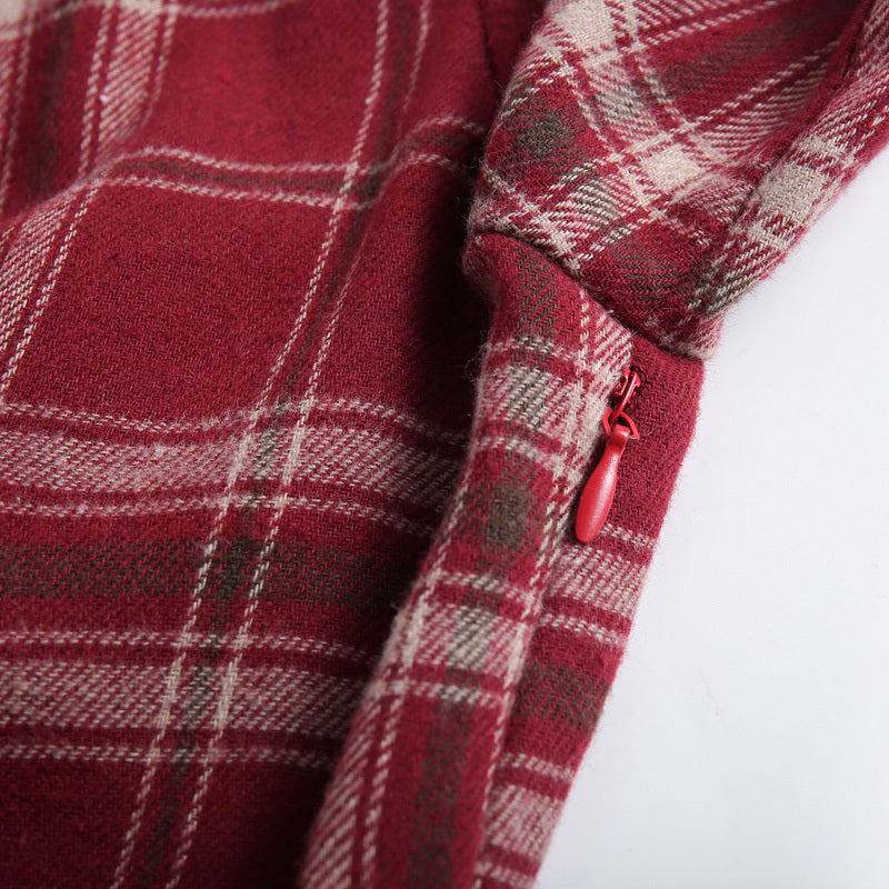 Vintage Rood Geruite V-halsjurk met Mouwen en Riem voor Dames & Plus-size