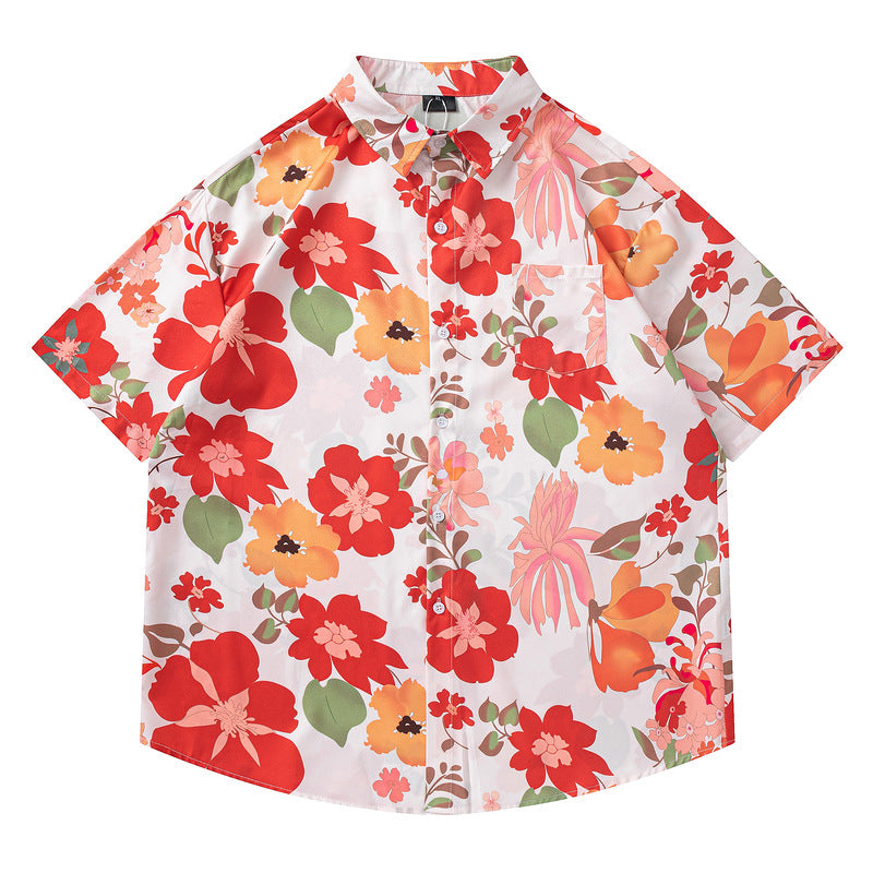 Modieuze Retro Kleurrijke Oversized Casual Vintage Korte Mouw Overhemd met Bloemenprint en Knoopsluiting voor Heren