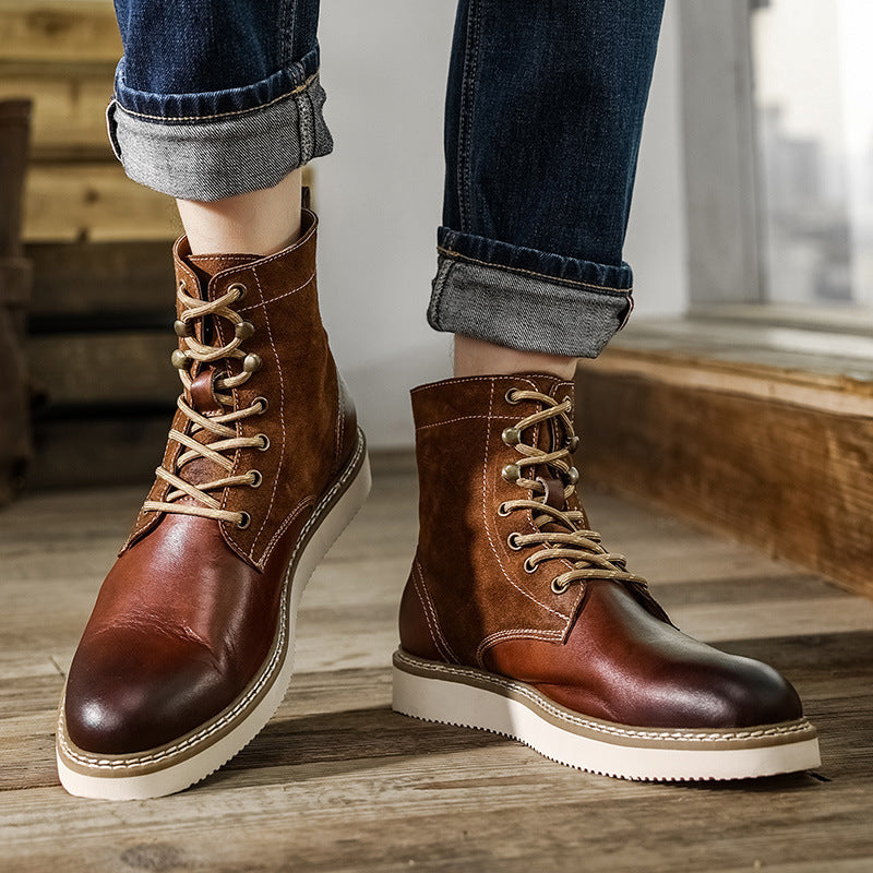 Amerikaanse Klassieke Casual Retro Effen Boots van Echte Leer met Suède en Vetersluiting voor Heren