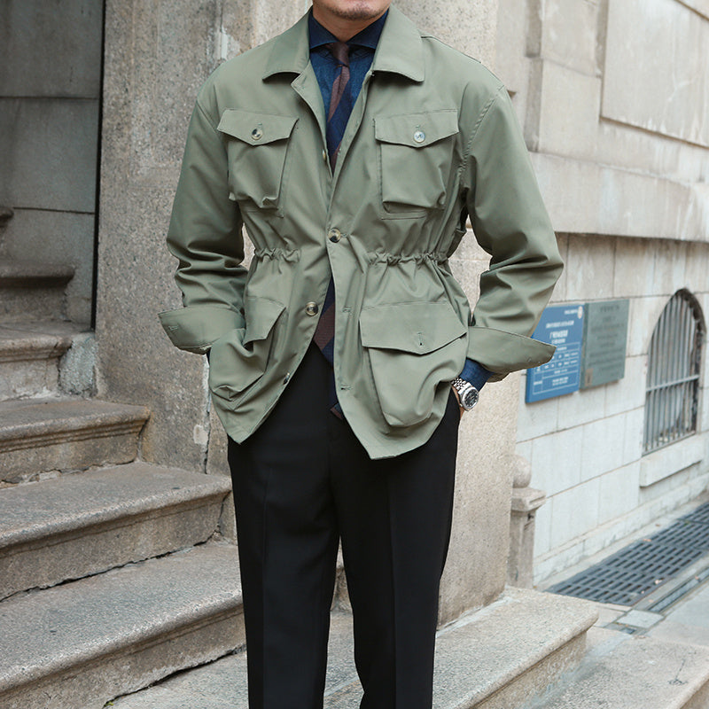 Vintage Business/Casual Getailleerd Jas met Zakken en Trekkoord voor Heren