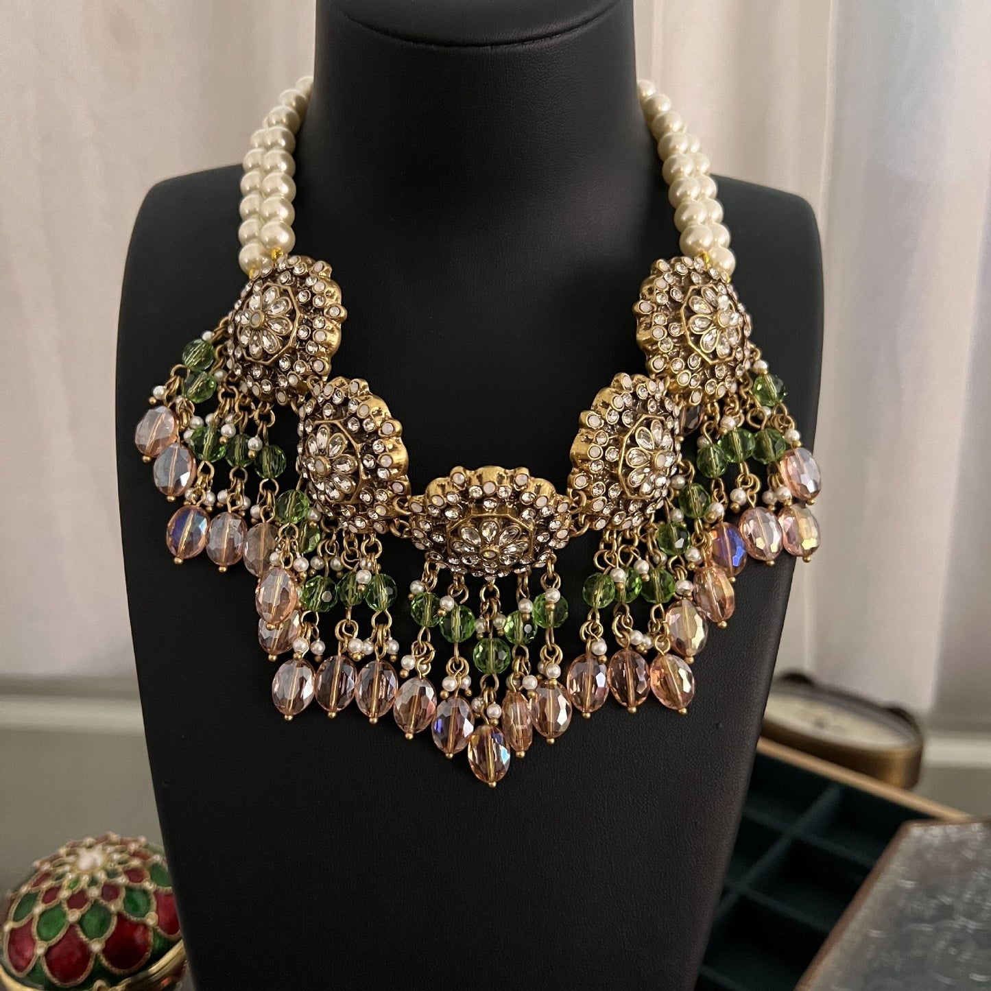 Modieuze Veelzijdige Handgemaakte Klassieke Sieradenset Retro Statement Parelmoer Kralen Halsketting/Oorbellen met Strass-steentjes en Kristallen voor Dames